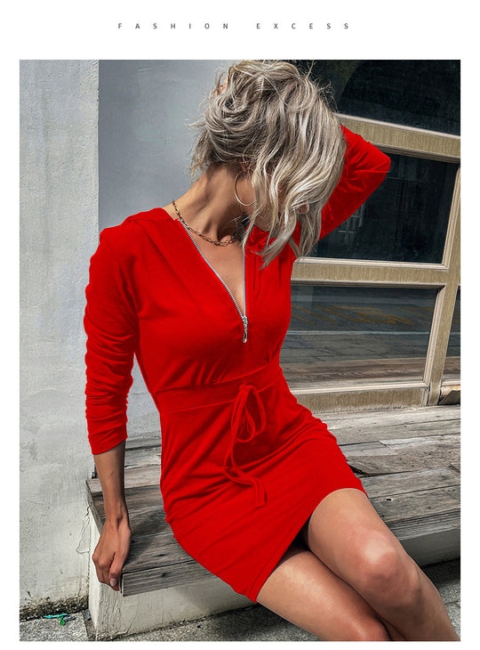 Damen Kapuzenkleid mit Reißverschluss und Taillenzug R&B
