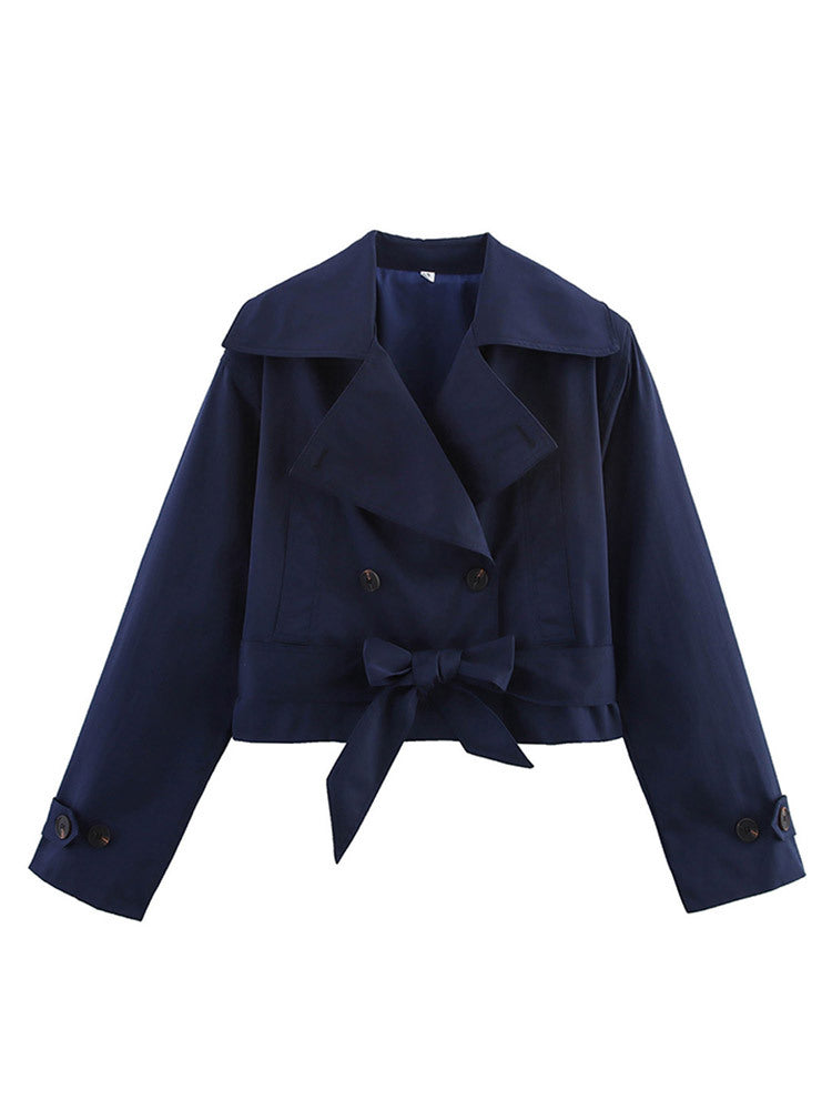 Damen Cropped Trenchcoat mit breitem Revers und Taillengürtel R&B