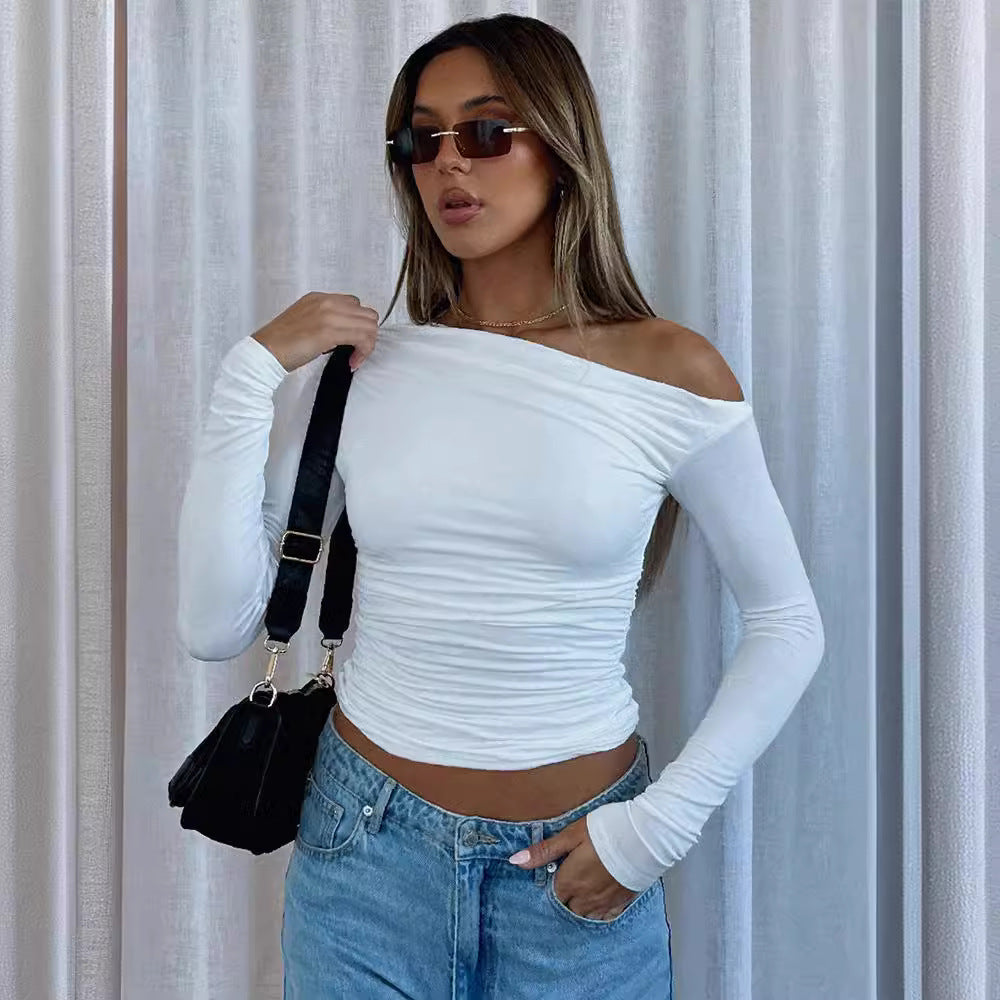Damen Stylisches Oversized Shirt mit versetztem Kragen und Raffung