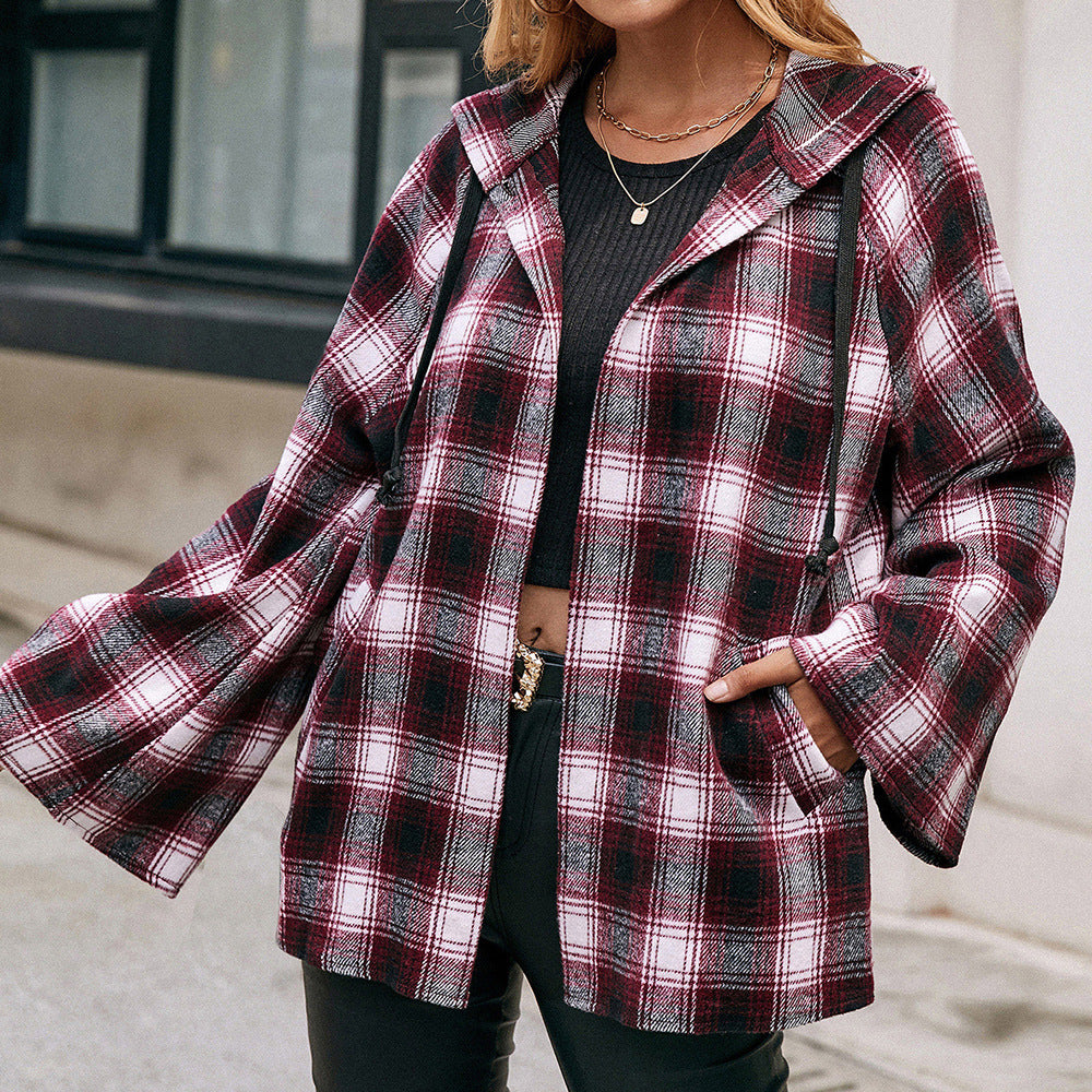 Damen Karo Overshirtjacke im lässigen Stil mit Kapuze und weiten Ärmeln R&B