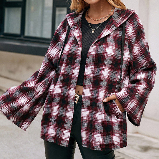 Damen Karo Overshirtjacke im lässigen Stil mit Kapuze und weiten Ärmeln R&B