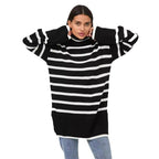 Damen gestrickter Rollkragenpullover mit modernem Streifenmuster und weitem Schnitt R&B