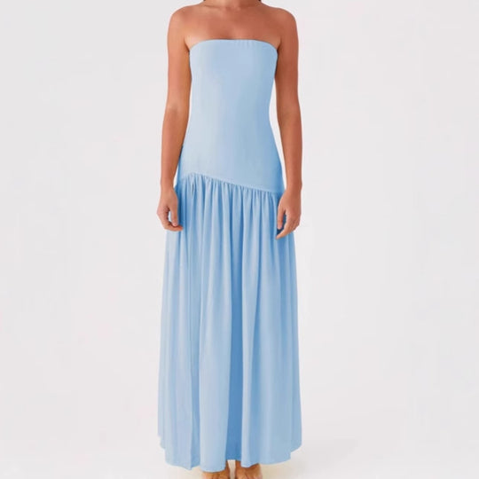 Damen Elegantes trägerloses Maxikleid mit hohem Schlitz und fließendem Stoff R&B