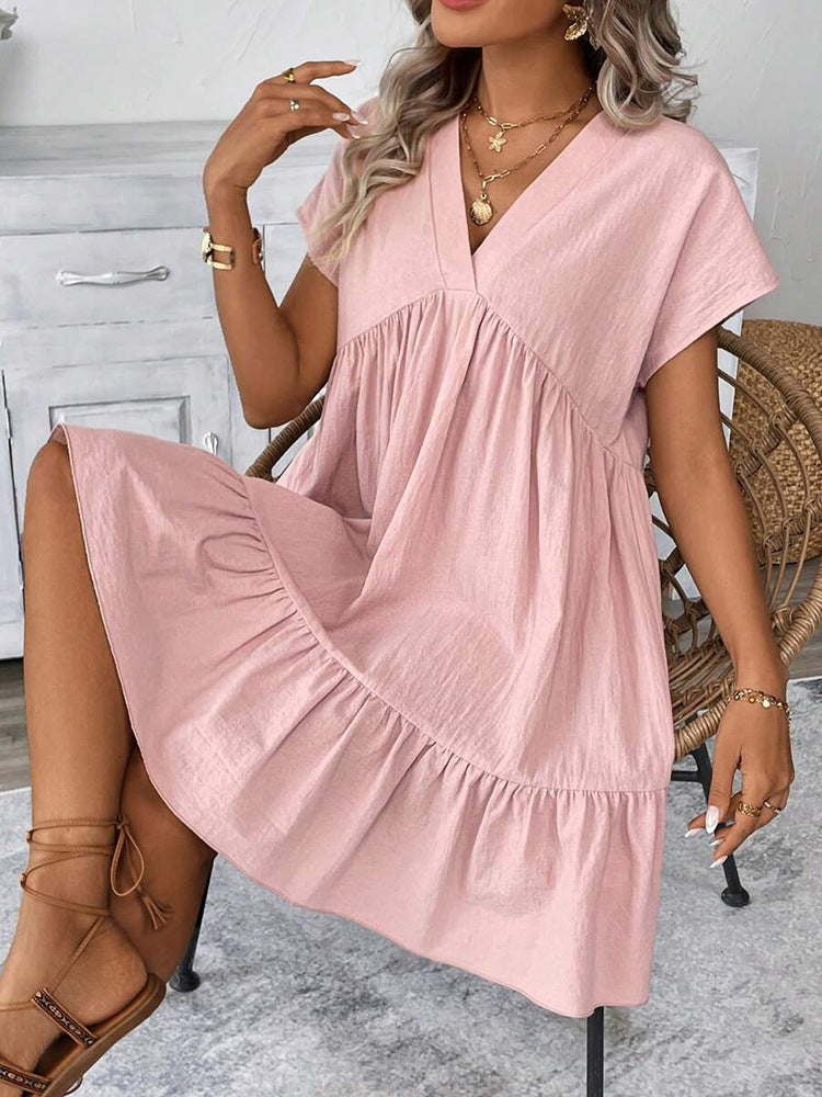 Damen kurzes Sommerkleid mit tiefem V-Ausschnitt und Rüschensaum R&B