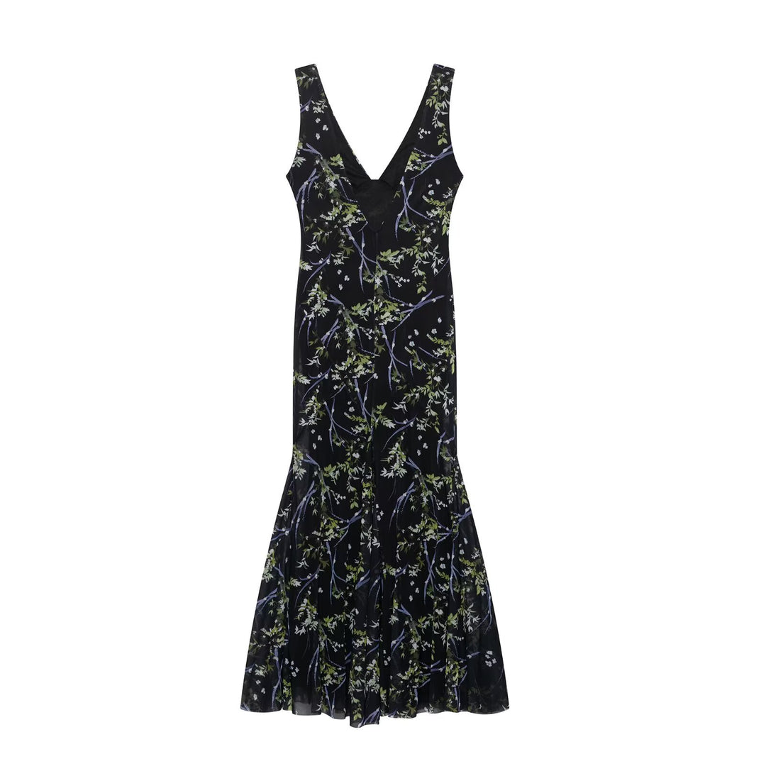 Damen Maxikleid mit floralen Akzenten und elegantem V-Ausschnitt R&B