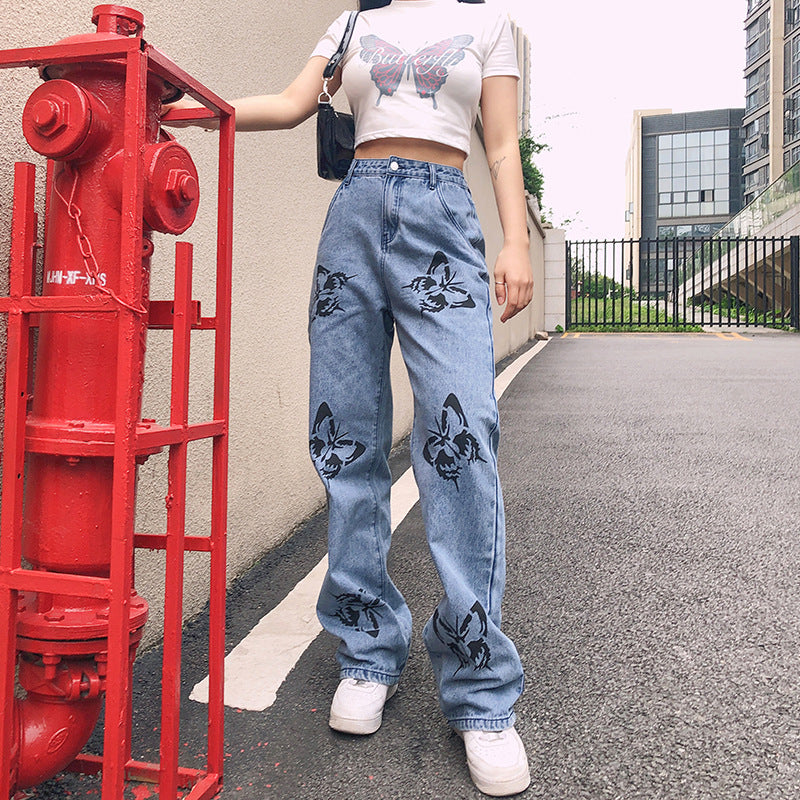 Damen weite High-Waist Jeans mit floralen Druckmotiven R&B