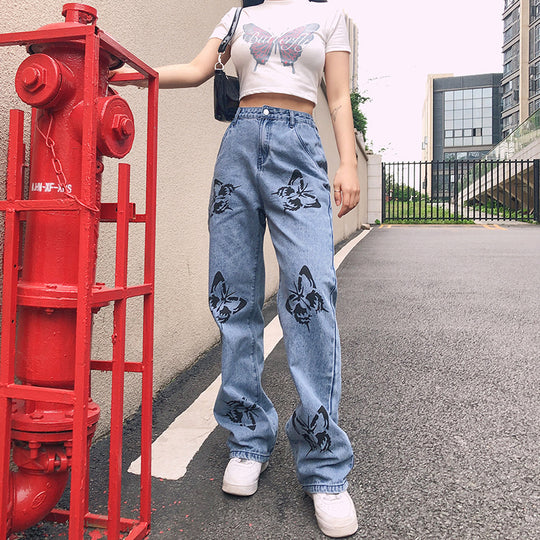 Damen weite High-Waist Jeans mit floralen Druckmotiven R&B