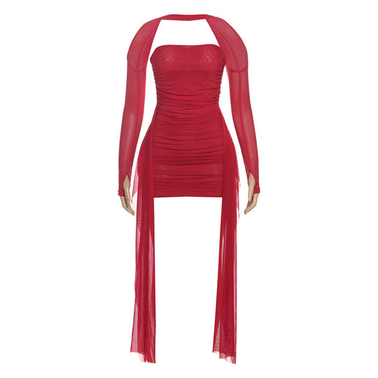 Damen Elegantes Minikleid mit raffinierten Rüschen und transparenten Ärmeln R&B