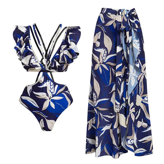 Damen Bikiniset mit elegantem Oberteil und fließendem Maxiröckchen R&B