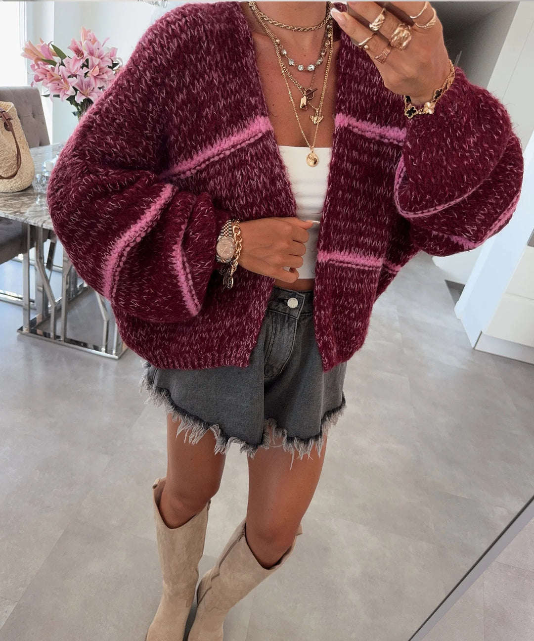 Damen Grobstrickjacke mit lässigem Schnitt und modischem Streifenmuster R&B