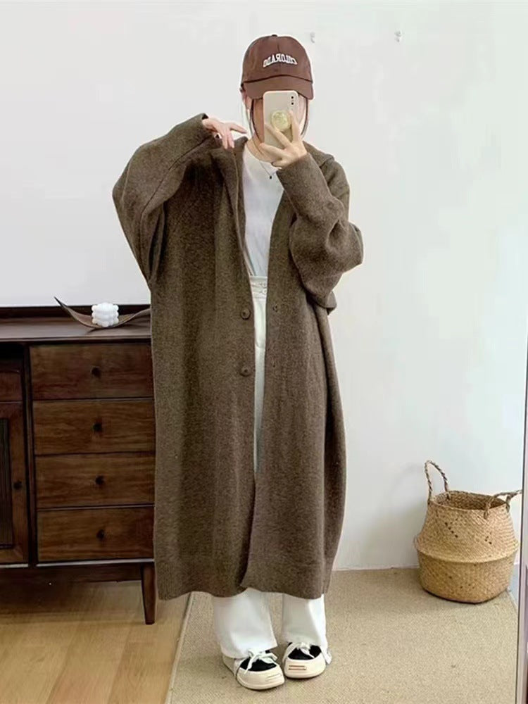 Damen Langer Strickcardigan mit Kapuze und praktischen Knöpfen R&B