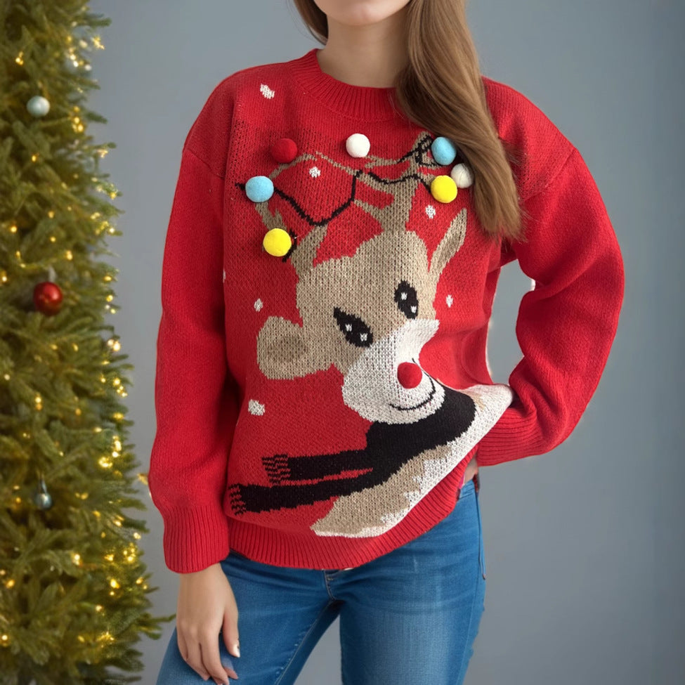 Damen weihnachtlicher Pullover mit einzigartigem Rentiermotiv und bunten Applikationen R&B