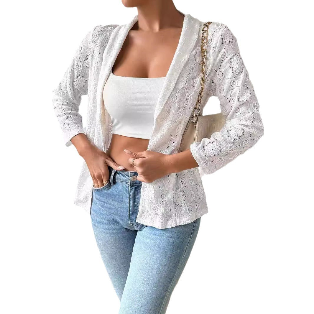 Damen nan transparenter Spitzenblazer mit Schalkragen und dreiviertellangen Ärmeln R&B