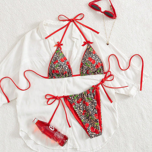 Damen Triangel-Bikini mit floralem Kirschmuster und verspielten Details R&B