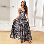 Damen Maxikleid mit tiefem V-Ausschnitt und elegantem Leopardenmuster R&B