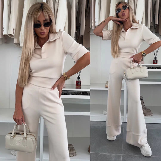 Damen elegantes Poloshirt und flared Hose Set R&B