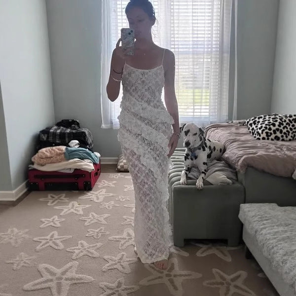 Damen Elegantes Spitzen-Maxikleid mit asymmetrischen Drapierungen R&B