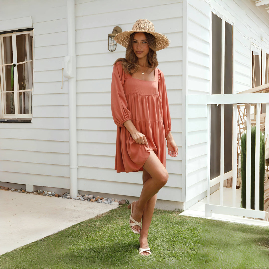 Damen Luftiges Oversize-Sommerkleid mit Ballonärmeln und quadratischem Ausschnitt R&B