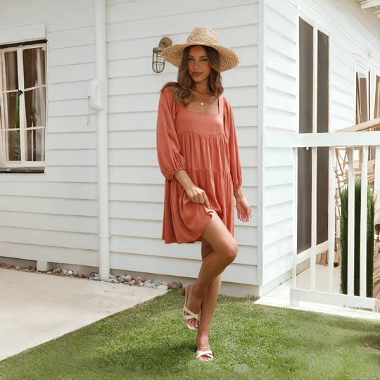 Damen Luftiges Oversize-Sommerkleid mit Ballonärmeln und quadratischem Ausschnitt R&B