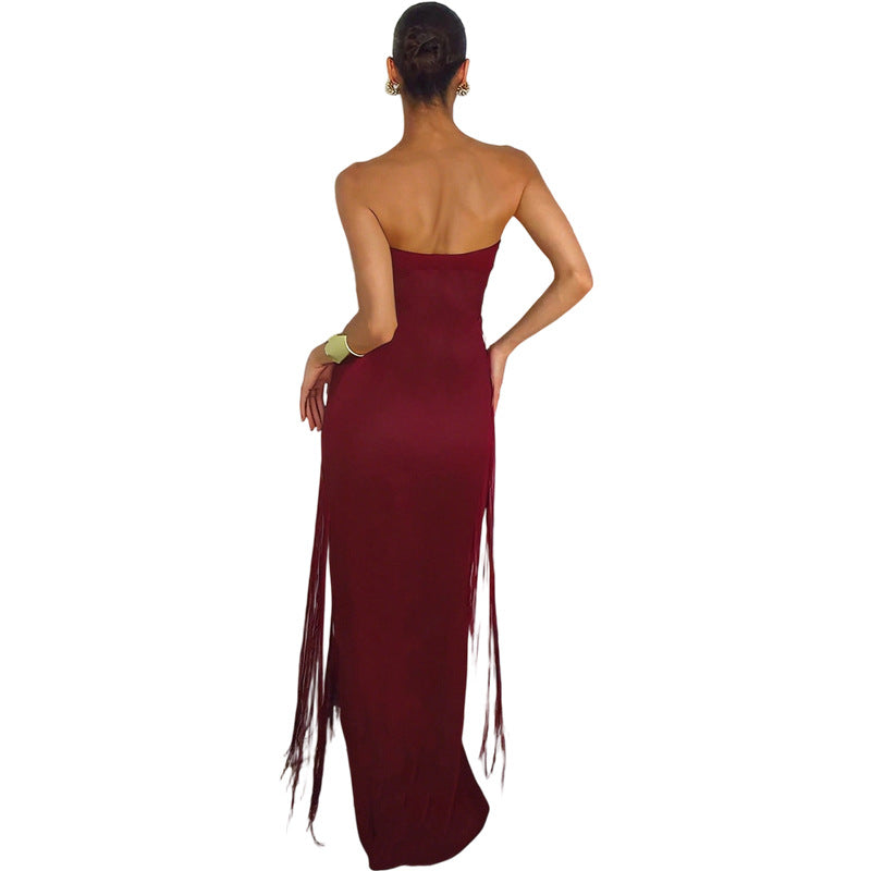 Damen Elegantes Maxi-Kleid mit Fransen und tiefem Ausschnitt R&B