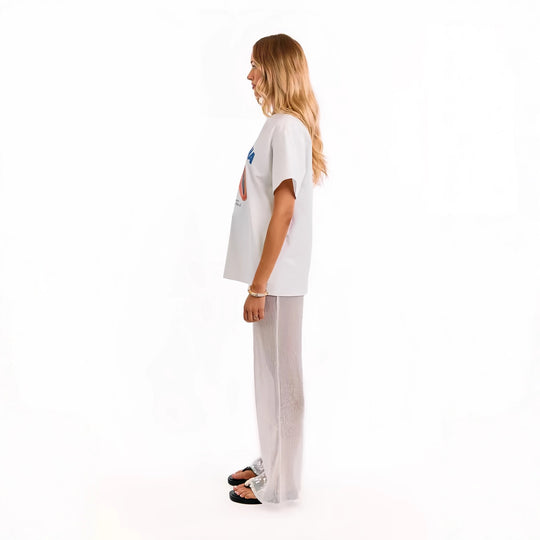 Damen Elegante Pailletten-Hose mit transparentem Chiffon und weitem Schnitt R&B