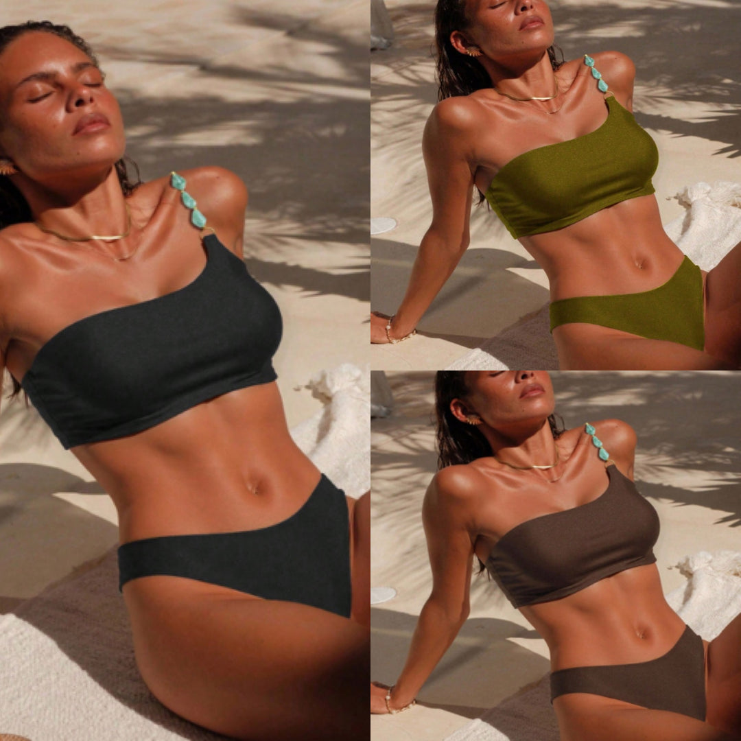 Damen One-Shoulder-Bikini-Set mit modischem Schmuckdetail R&B