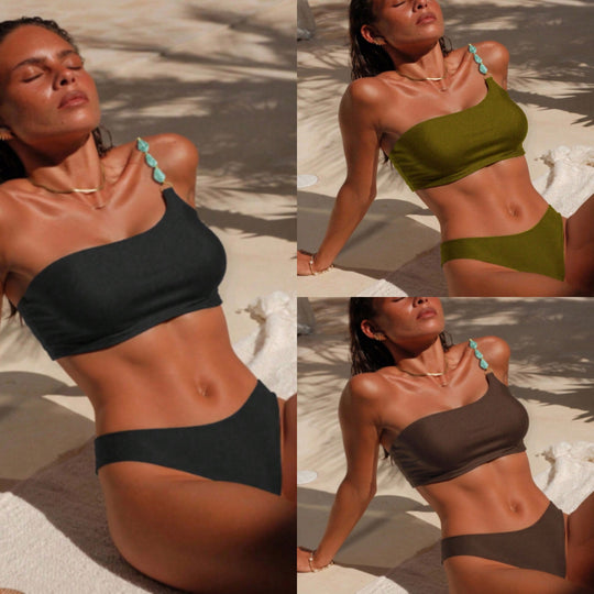 Damen One-Shoulder-Bikini-Set mit modischem Schmuckdetail R&B