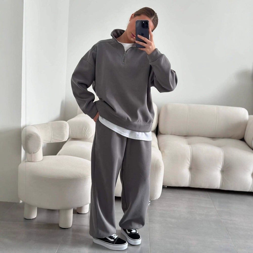 Damen gemütliches Fleece-Loungewear-Set mit Stehkragen und Reißverschluss R&B