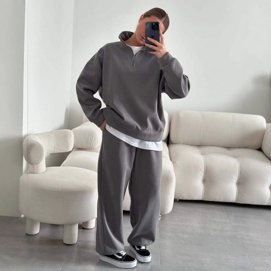 Damen gemütliches Fleece-Loungewear-Set mit Stehkragen und Reißverschluss R&B