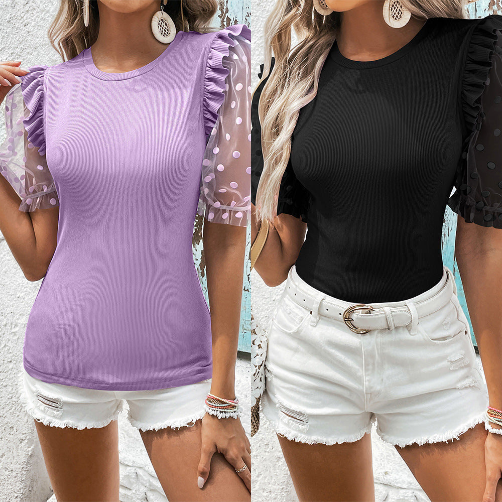 Damen modisches Oberteil mit transparenten Puffärmeln und Rüschendetails R&B