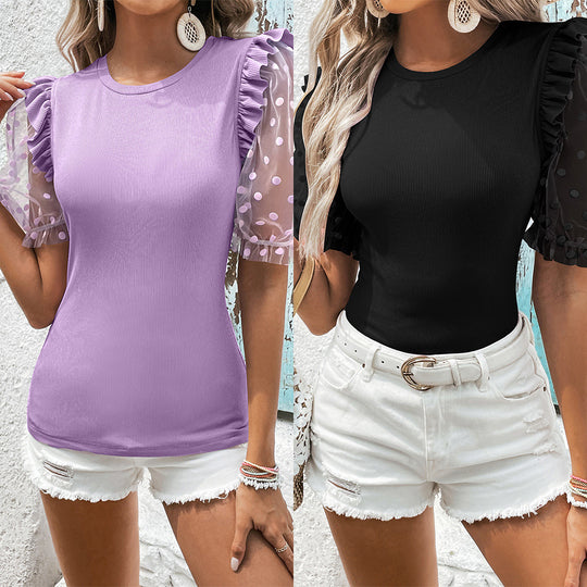 Damen modisches Oberteil mit transparenten Puffärmeln und Rüschendetails R&B