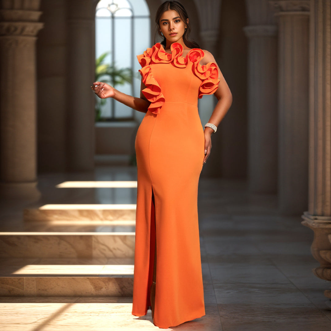 Damen Elegantes Maxikleid mit asymmetrischen Rüschen und Schlitz R&B