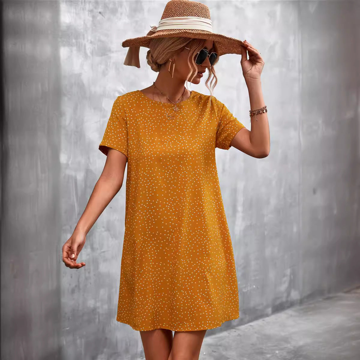 Damen lässiges Polka-Dot Kleid mit kurzem Arm und bequemem Schnitt R&B