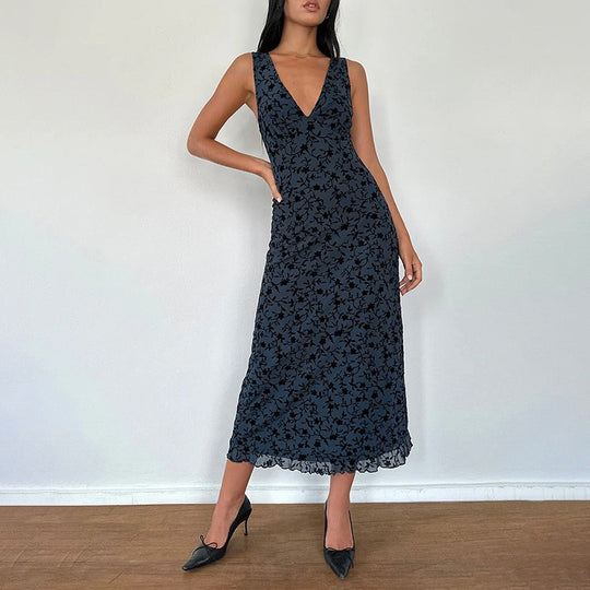 Damen Maxikleid mit tiefem V-Ausschnitt und floralem Spitzenmuster R&B