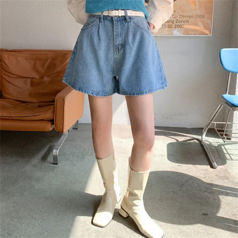 Damen Freizeit Jeans-Shorts mit hohem Bund und elastischem Gürtel R&B