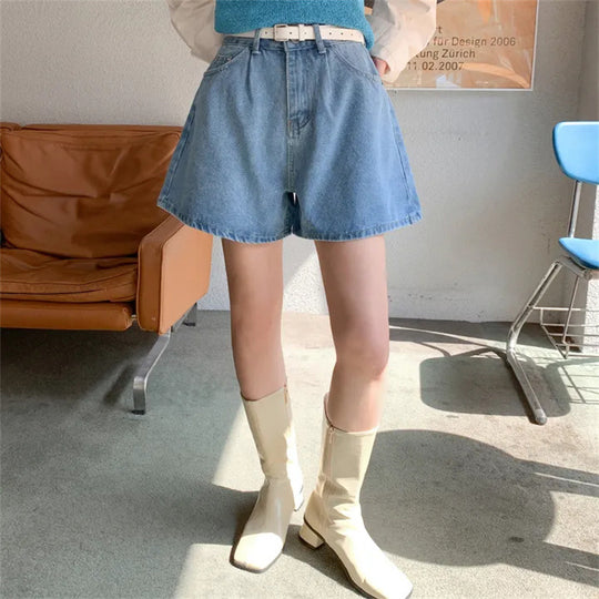 Damen Freizeit Jeans-Shorts mit hohem Bund und elastischem Gürtel R&B
