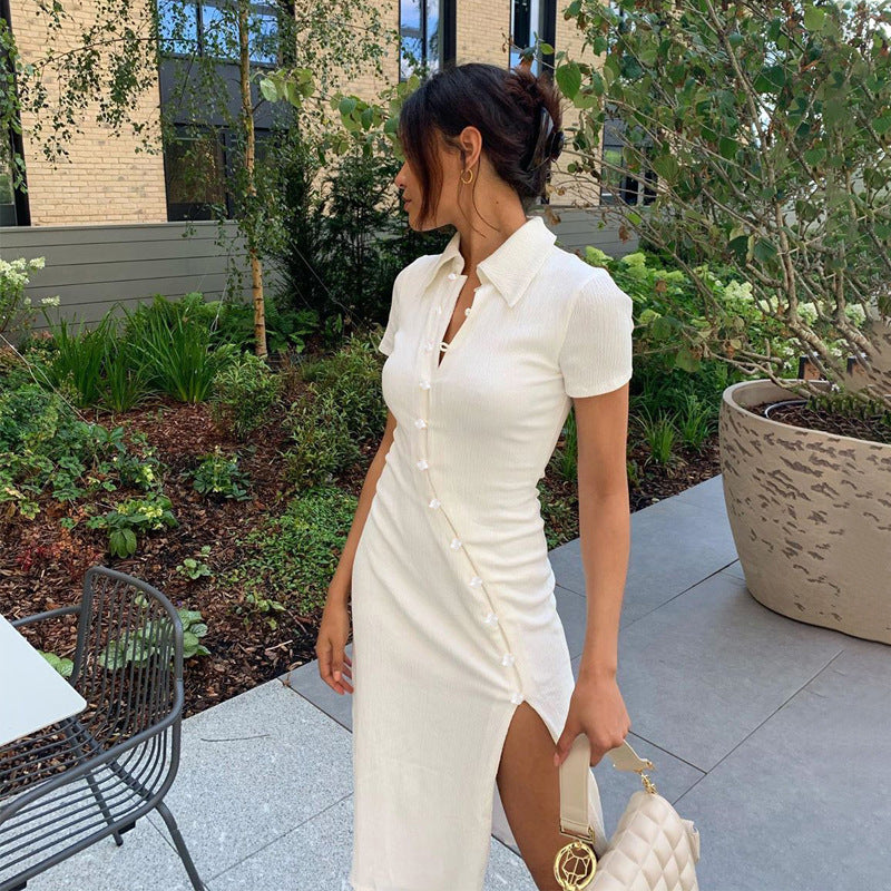 Damen Midi-Kleid mit Knopfdetail und seitlichem Schlitz R&B
