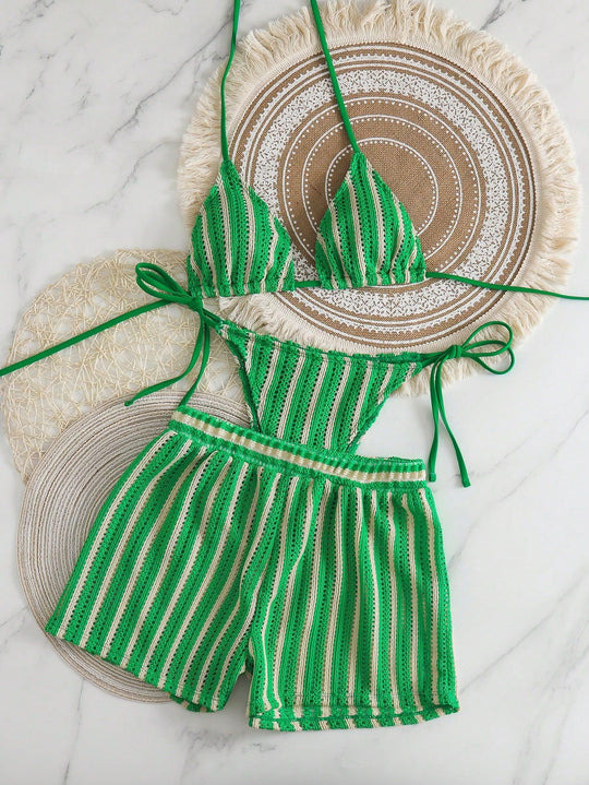 Damen Bikini-Set mit gerafftem Oberteil und hoch taillierten Shorts R&B