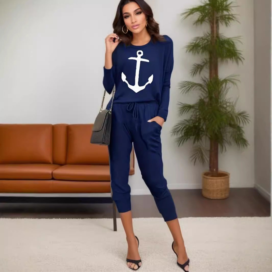 Damen lässiger Freizeitanzug mit Anker-Print und bequemen Taschen R&B