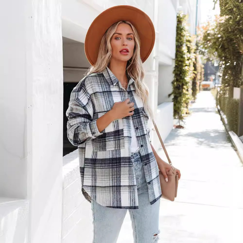 Damen Plaid Oversized Hemdjacke mit zwei Taschen und lässigem Schnitt R&B