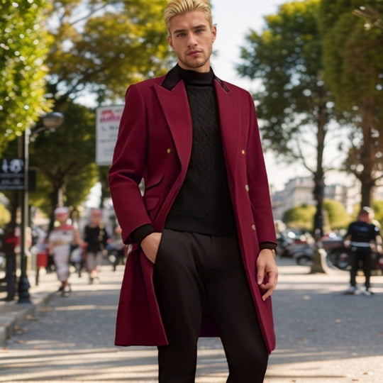 Herren moderner Urban-Mantel mit doppelter Knopfleiste und Samtkragen R&B