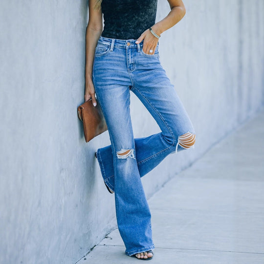 Damen Flared Jeans mit modischen Rissen und hohem Bund R&B