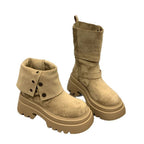 Damen Bequeme und modische Chunky Stiefeletten mit Schnalle und Profilsohle R&B
