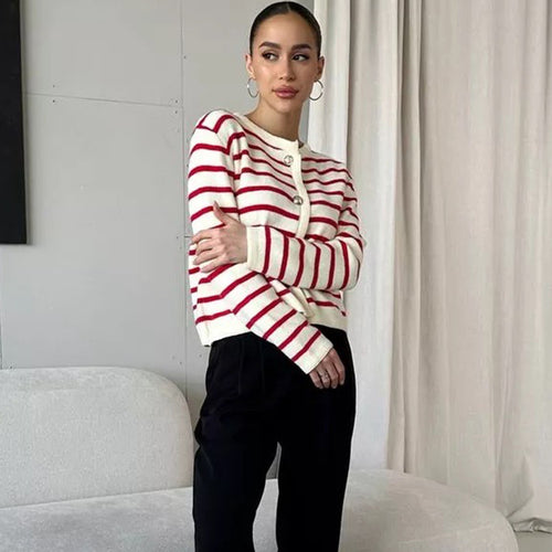 Damen gestreifter Cardigan mit Knopfdetails und vielseitiger Passform R&B