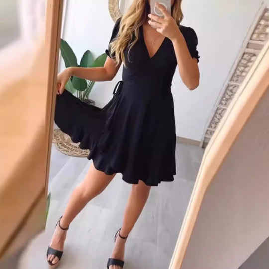 Damen nan leichtes Wickelkleid mit V-Ausschnitt, Kurzärmeln, Taillenband und Volantrock R&B