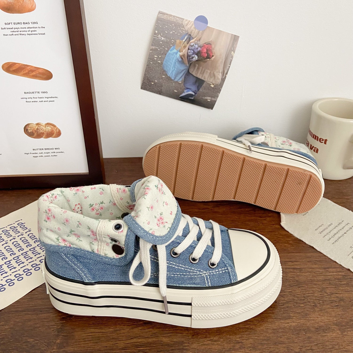 Damen Modische Plateau Sneakers mit floralem Innenfutter