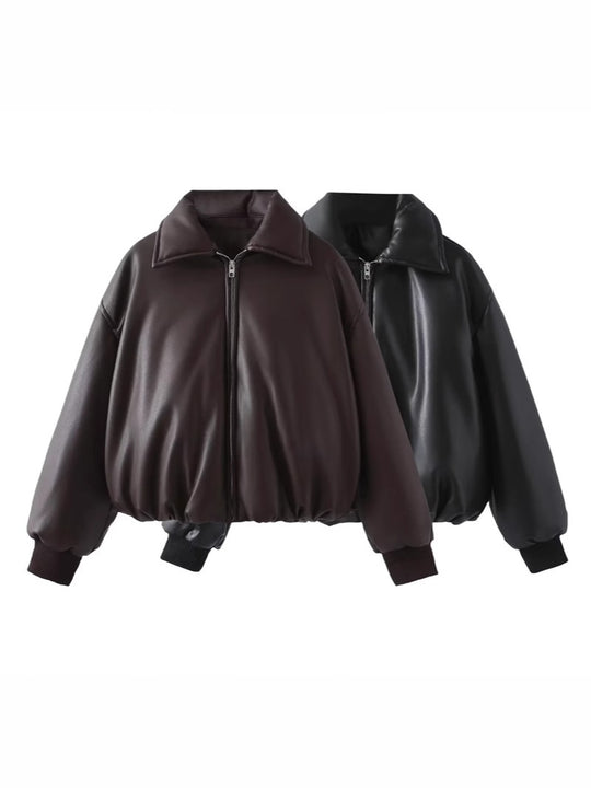 Damen lässige Kunstlederjacke mit voluminösem Schnitt und praktischen Taschen R&B