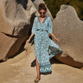 Damen Maxikleid mit floralem Boho-Design und tiefem V-Ausschnitt R&B