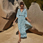 Damen Maxikleid mit floralem Boho-Design und tiefem V-Ausschnitt R&B