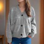 Damen lässige Strickjacke mit praktischen Taschen und modischen Kontraststreifen R&B